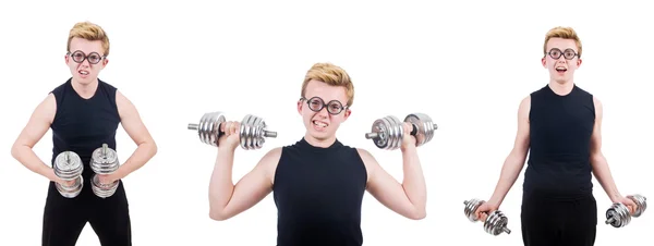 Mann mit Hanteln isoliert auf weißem Grund — Stockfoto