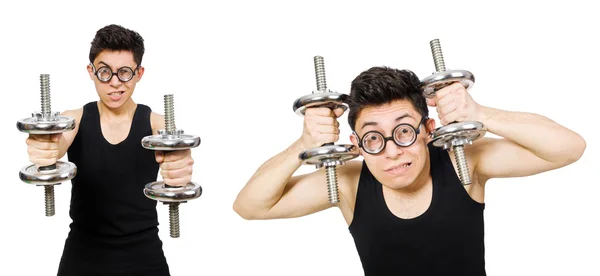 Hombre con mancuernas aisladas en blanco — Foto de Stock