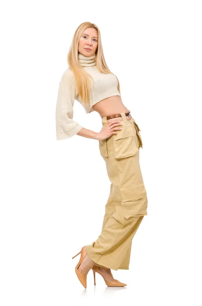 Jolie femme en pantalon beige isolé sur blanc — Photo