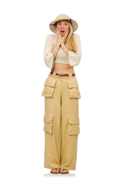 ベージュのズボンが白で隔離のきれいな女性 — ストック写真