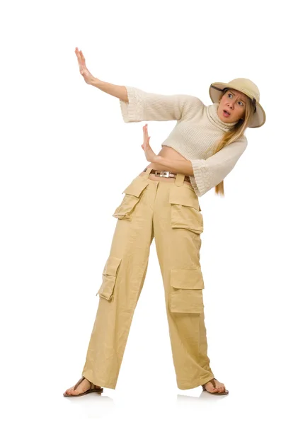 Όμορφη γυναίκα σε μπεζ παντελόνι που απομονώνονται σε λευκό — Φωτογραφία Αρχείου