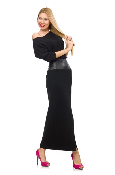 Woman in black evening dress isolated on white — Stock Photo, Image