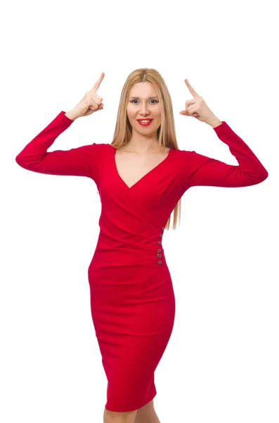 Vysoká mladá žena v červených šatech izolované na bílém — Stock fotografie