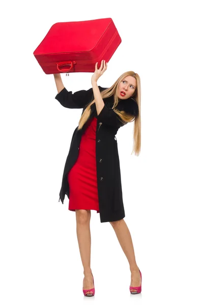 Hübsche blonde Frau mit Koffer isoliert auf weiß — Stockfoto