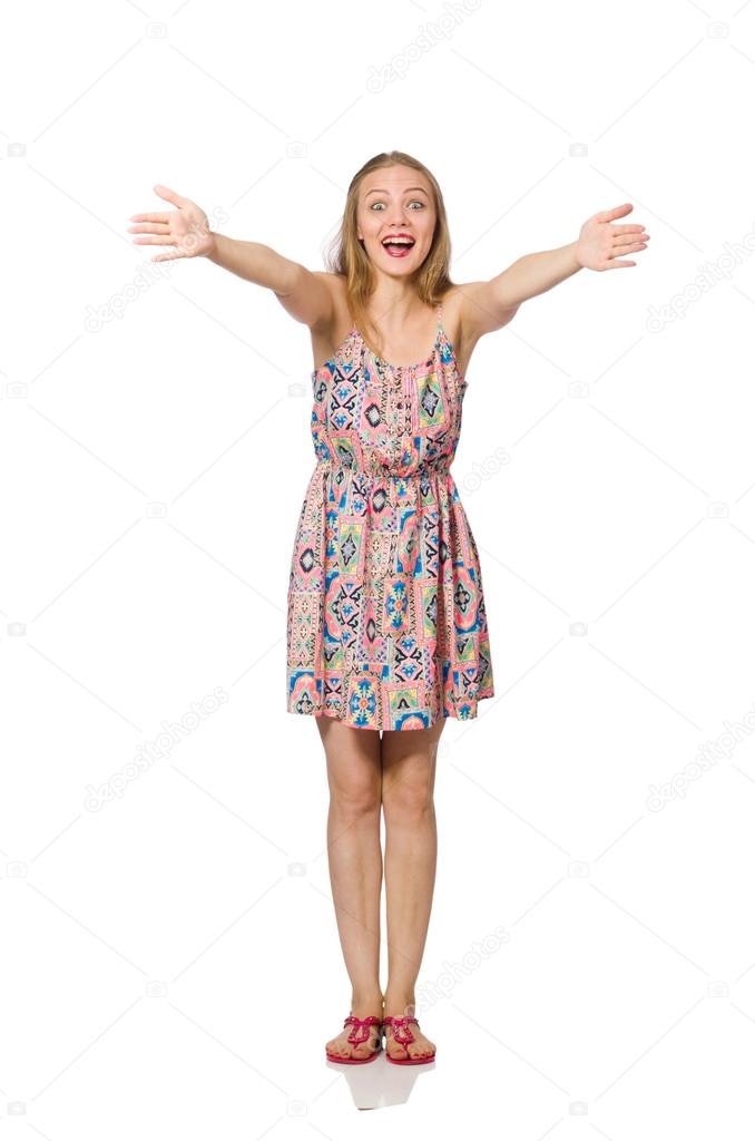 Blondie caucasian girl in summer light dress isolated on white