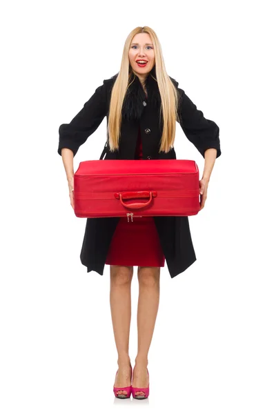 Pretty blond woman holding suitcase isolated on white — Stock Photo, Image