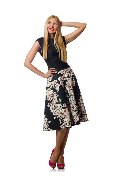 Woman in black floral dress isolated on white — Stock Photo, Image