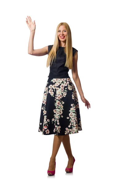 Mujer en vestido floral negro aislado en blanco — Foto de Stock