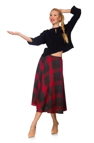 Blond hair model wearing scottish skirt isolated on white — Stock Photo, Image