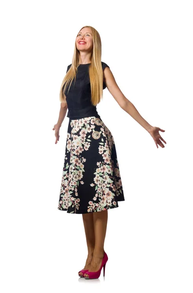 Mulher de vestido floral preto isolado no branco — Fotografia de Stock