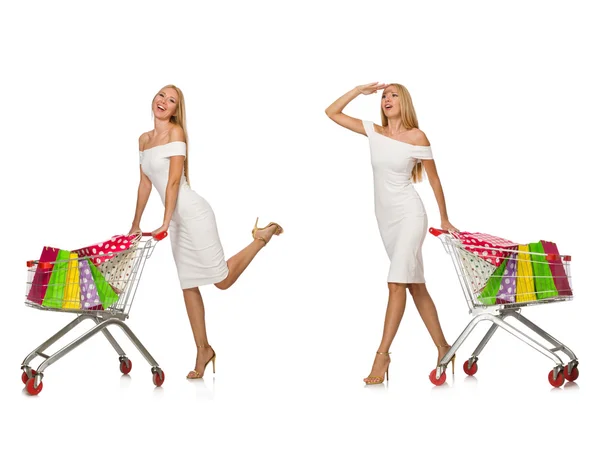 Жінка в концепції покупок ізольована на білому — стокове фото