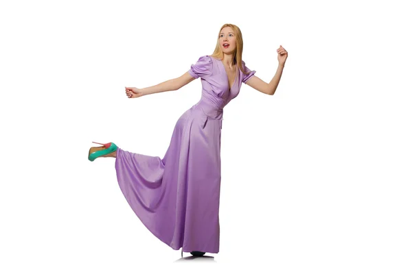 Blondie woman in purple long dress isolated on white — Stock Photo, Image