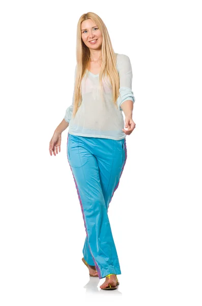 Young woman wearing blue training pants isolated on white — Stock Photo, Image