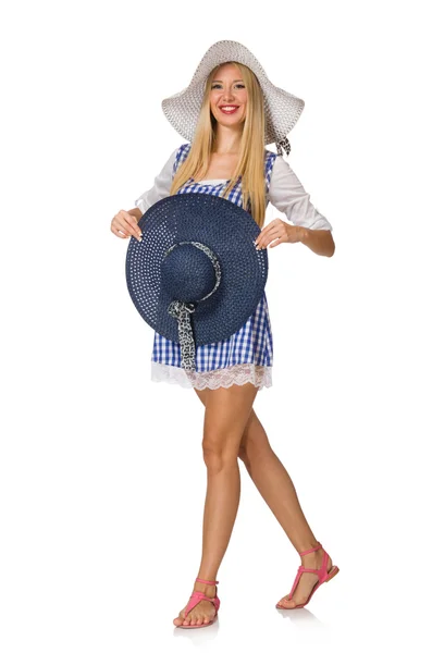 Femme blanche en robe bleue à carreaux et chapeau isolé sur blanc — Photo