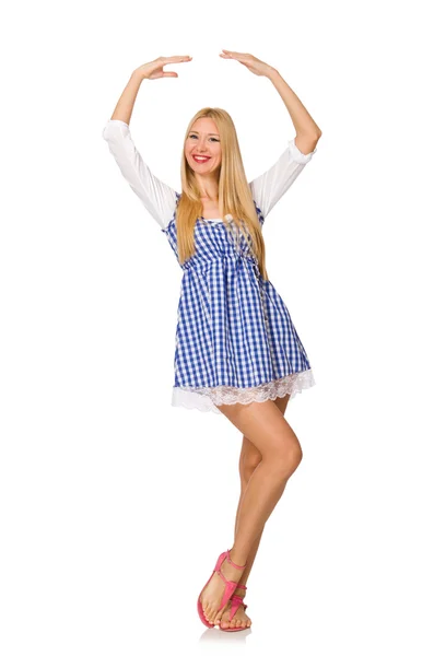 Caucasian woman in plaid blue dress isolated on white — Stock Photo, Image