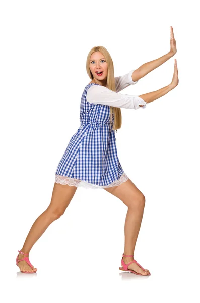 白人女性で遊んだ青いドレスを白い上に隔離 — ストック写真