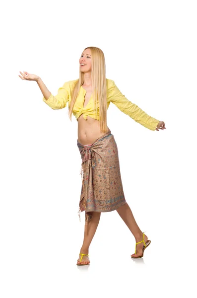 Kaukasisches Model trägt gelbe Bluse mit Rock isoliert — Stockfoto