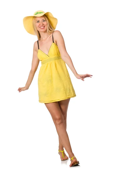 Modelo justo caucasiano no vestido de verão amarelo isolado no branco — Fotografia de Stock