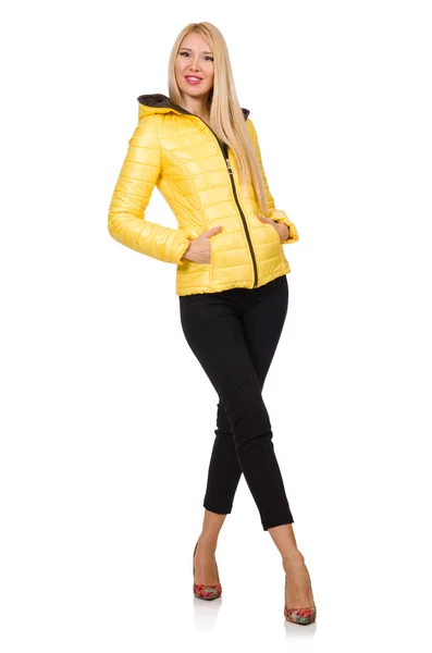 Vit kvinna i gul jacka isolerad på vit — Stockfoto