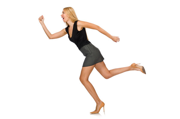 Blond hair model wearing gray skirt isolated on white