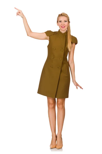 Tall caucasian model in green dress isolated on white — Stock Photo, Image