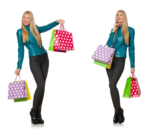 Donna con shopping bags isolata su bianco — Foto Stock