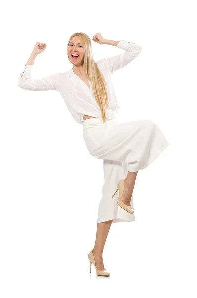 Modelo de cabelo loiro em elegantes calças queimadas isoladas em branco — Fotografia de Stock