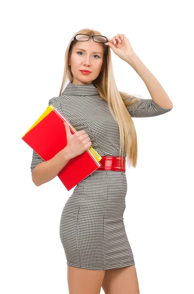 Pretty teacher holding books isolated on white — Stock Photo, Image