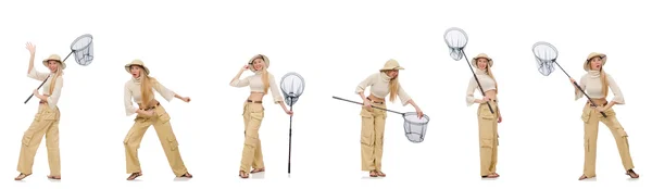 Frau mit Fangnetz auf weiß — Stockfoto