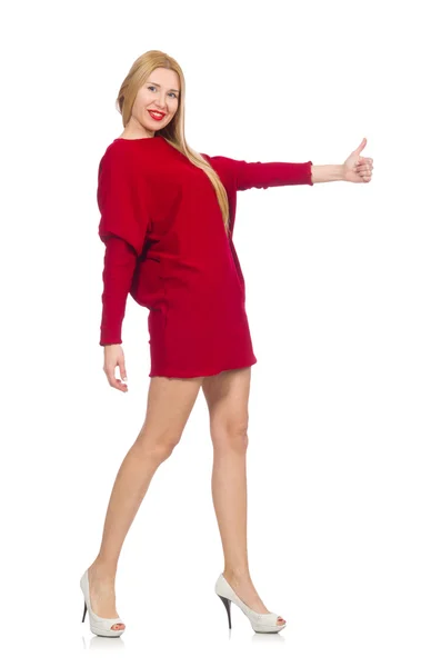 Söt flicka i röd klänning isolerad på vitt — Stockfoto