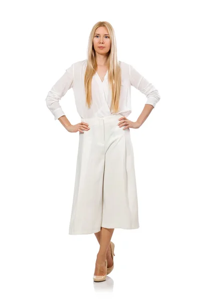 Blond hårmodell i eleganta utsvängda byxor isolerade på vitt — Stockfoto