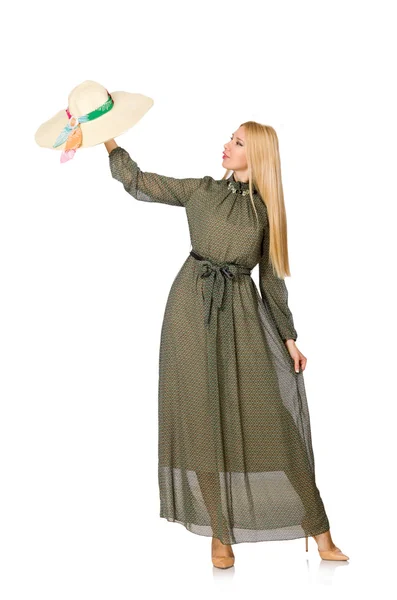 Блондинка волосся жінка в довгій зеленій сукні ізольована на білому — стокове фото