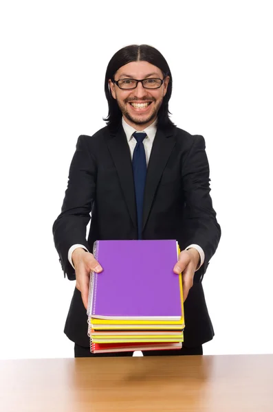 Zakenman holding notebooks geïsoleerd op wit — Stockfoto