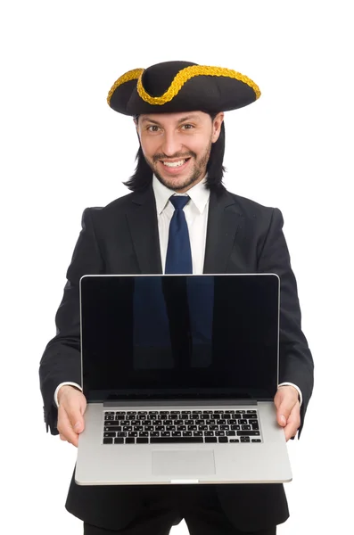 Pirata uomo d'affari in possesso di laptop isolato su bianco — Foto Stock