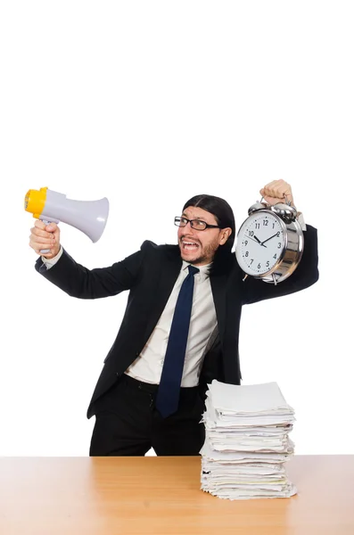 Empresário com papéis na mesa isolados em branco — Fotografia de Stock