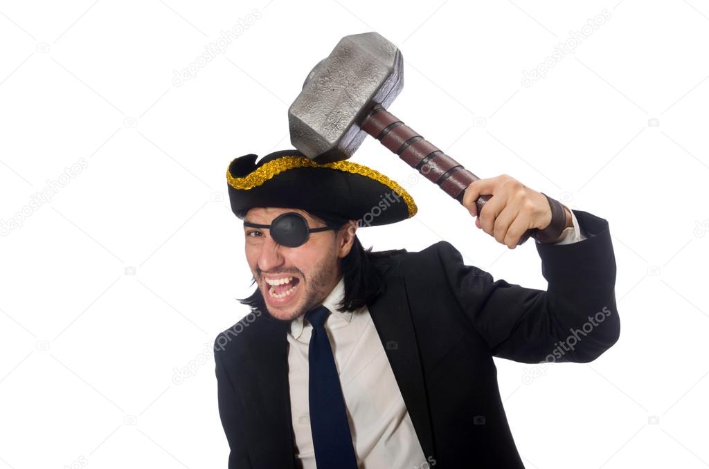 Pirate businessman holding hammer isolated on white