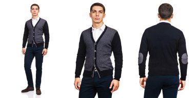 Moda konsepti olan genç bir adam beyazlara izole edilmiş.