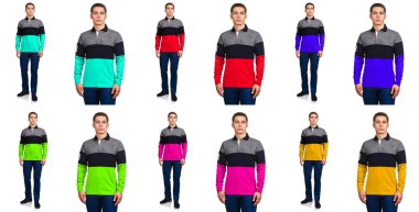 Moda konsepti olan genç bir adam beyazlara izole edilmiş.