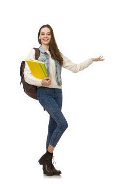 Ders kitaplarını beyaz üzerine saklayan güzel öğrenci.