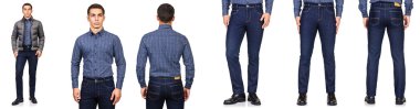 Moda konsepti olan genç bir adam beyazlara izole edilmiş.