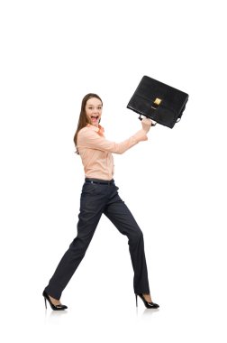 Güzel ofis müdürü evrak çantasını beyaza saklamış.