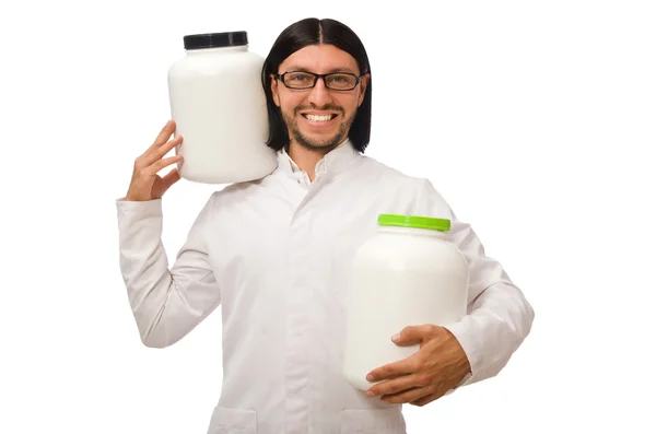 Zabawny lekarz z białka słoiki na białym tle — Zdjęcie stockowe