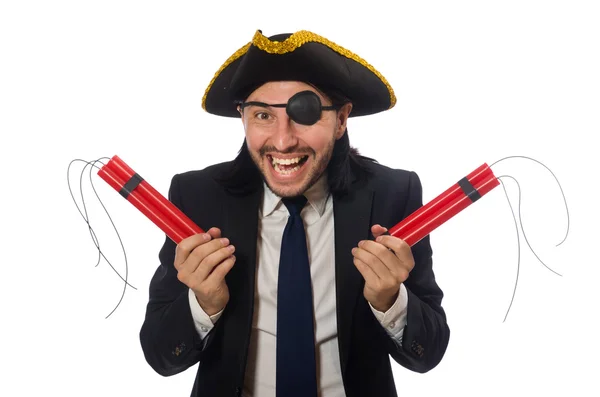 Pirate in zwart pak houden bom geïsoleerd op wit — Stockfoto