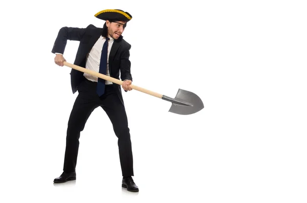 Pirate businessman holding spade isolated on white — Stock Photo, Image