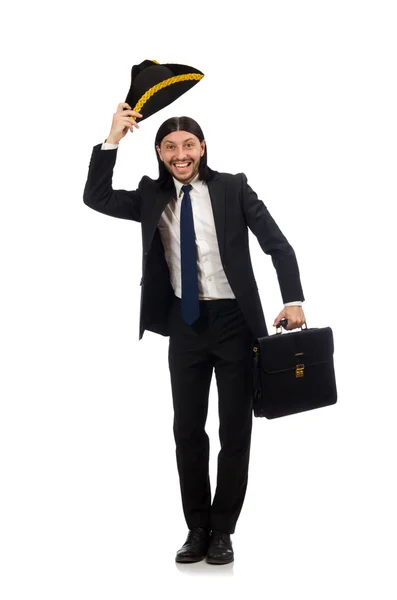 Businessman with tricorn and briefcase isolated on white — Stock Photo, Image
