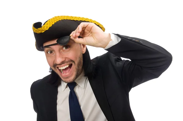 Piraten zakenman draagt tricorn geïsoleerd op wit — Stockfoto