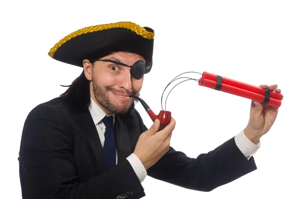 Hombre de negocios pirata con pipa humeante y detonador aislado — Foto de Stock