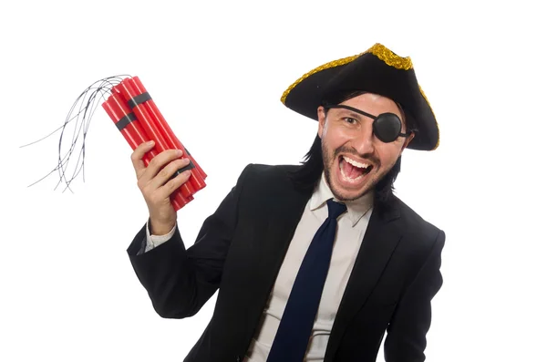 Pirate in black suit holding bomb isolated on white — Stock Photo, Image