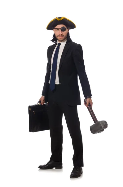 Pirate businessman with hammer and briefcase isolated on white — Stock Photo, Image