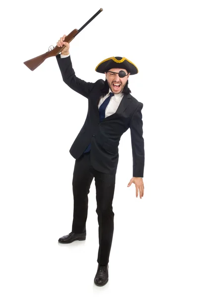 Hombre de negocios pirata sosteniendo arma aislada en blanco — Foto de Stock